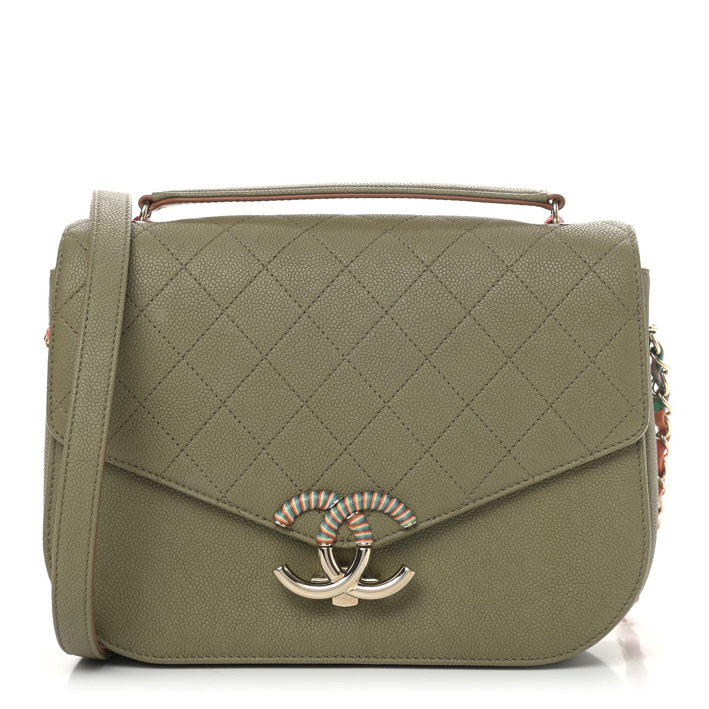 Grained Calfskin Quilted Small Cuba Top Handle Flap Khaki