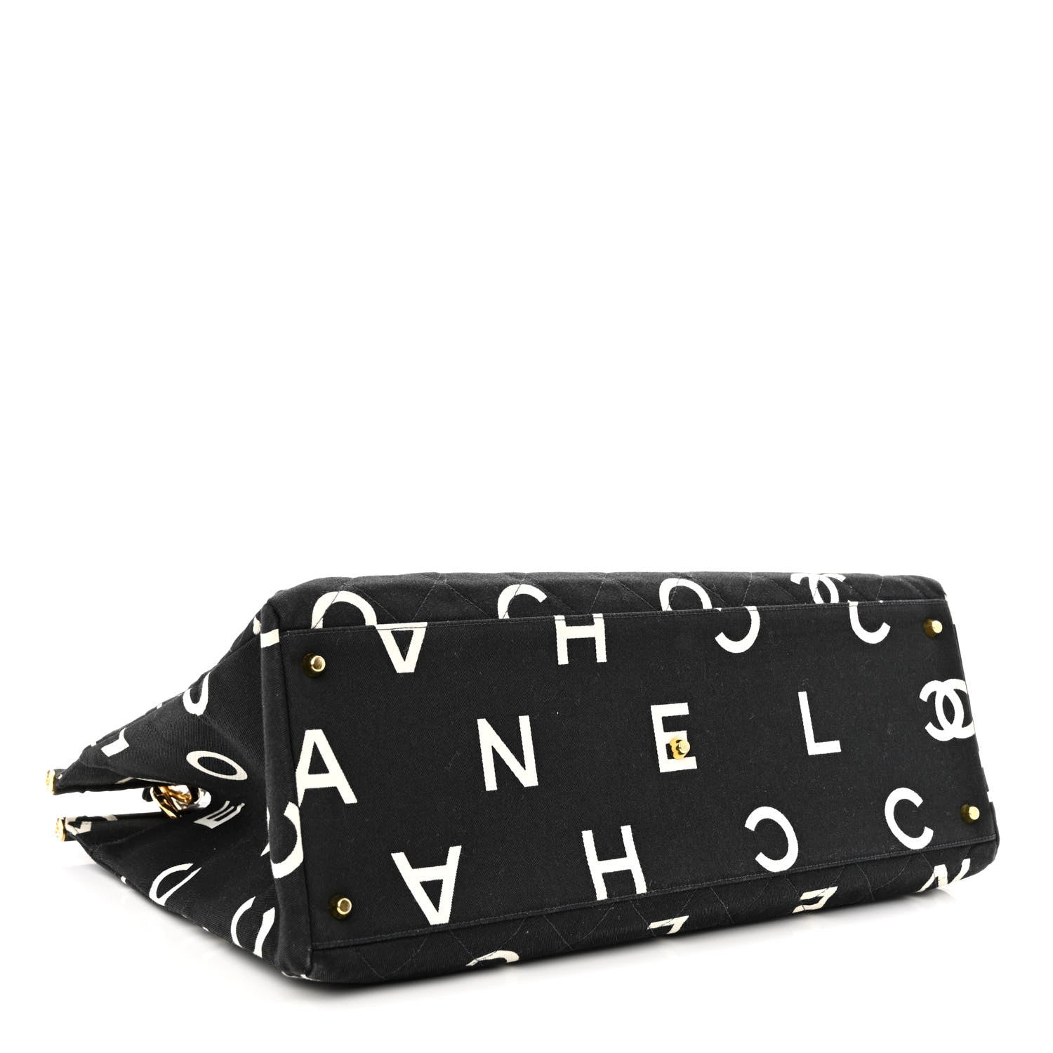 Chanel Canvas Printed Quilted Logo Tote Black White 4 of 11