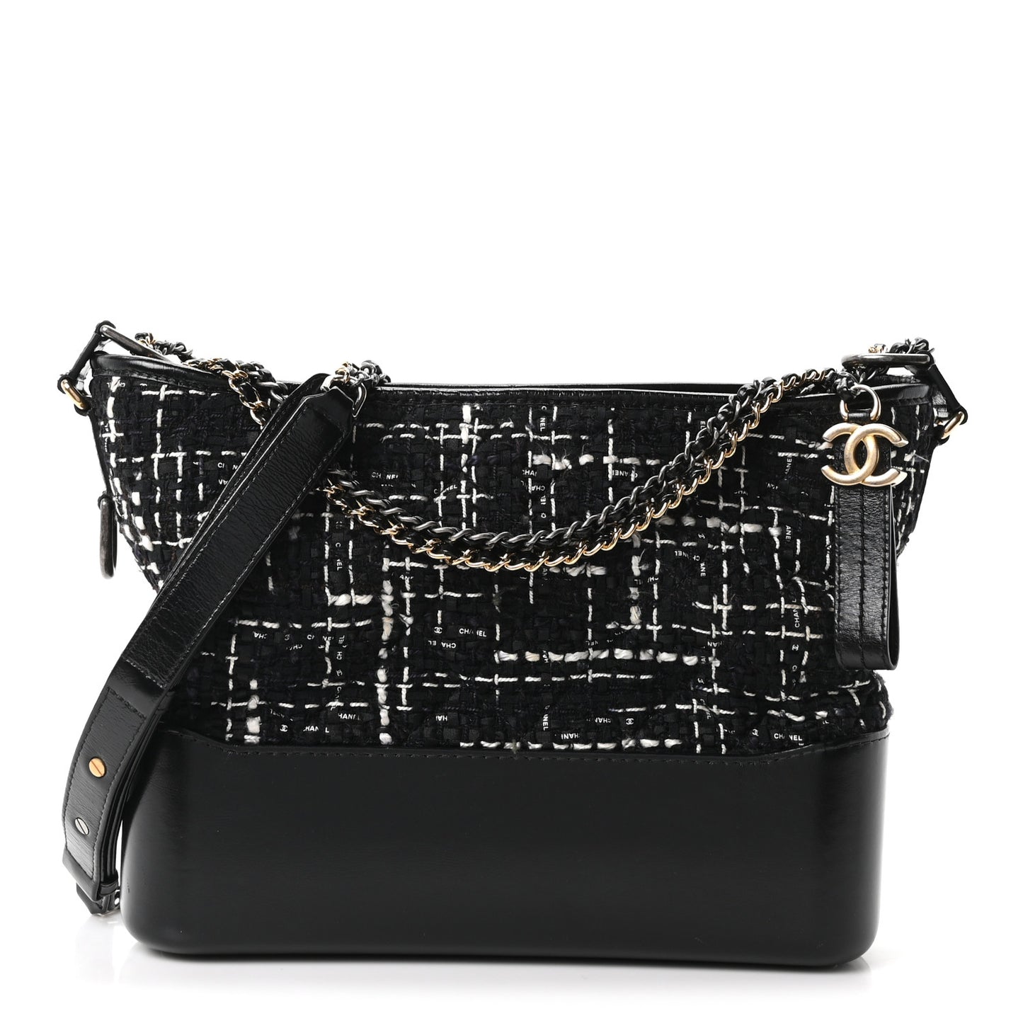 Tweed Calfskin Quilted Medium Gabrielle Hobo Black White