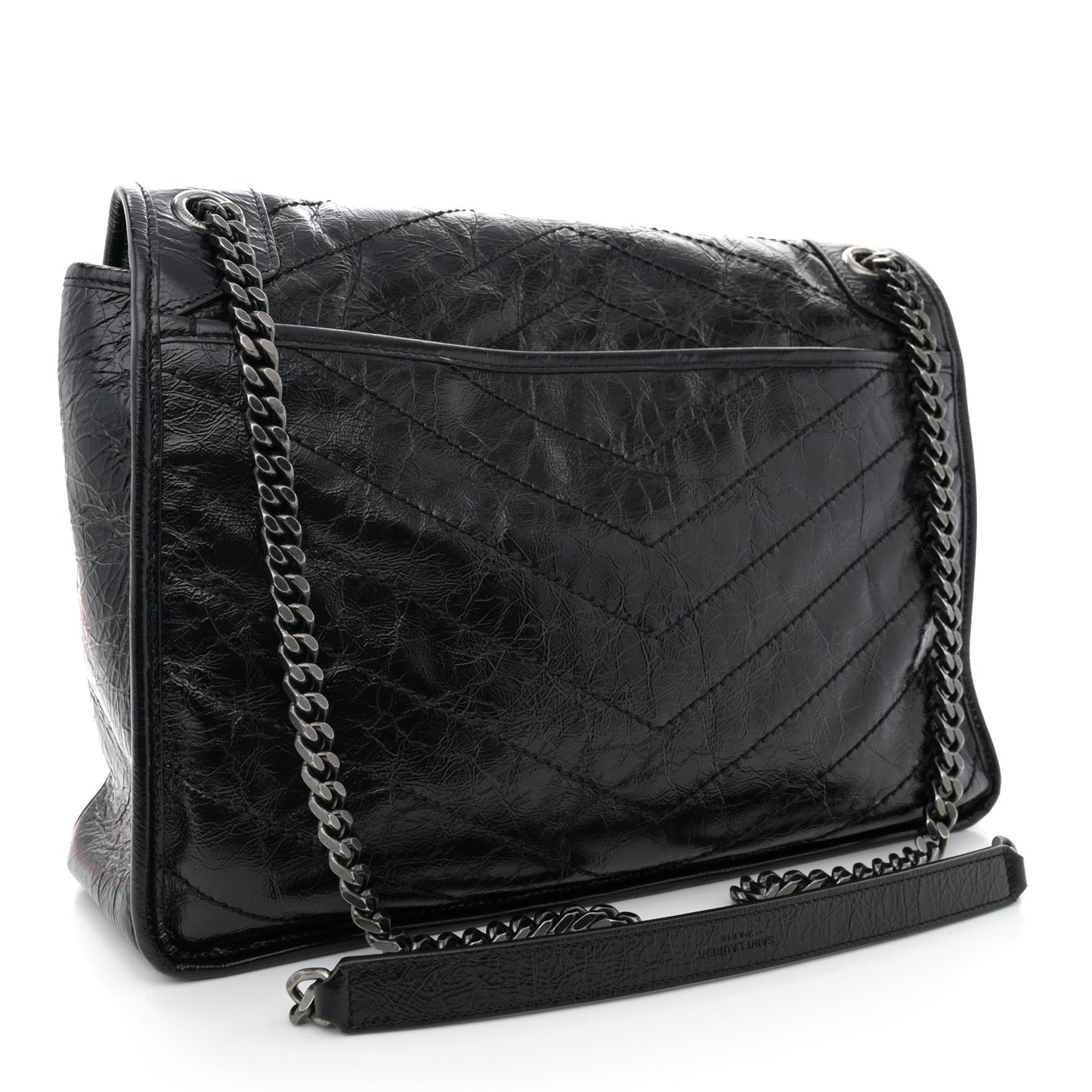 Crinkled Calfskin Matelasse Monogram Large Niki Chain Satchel Black