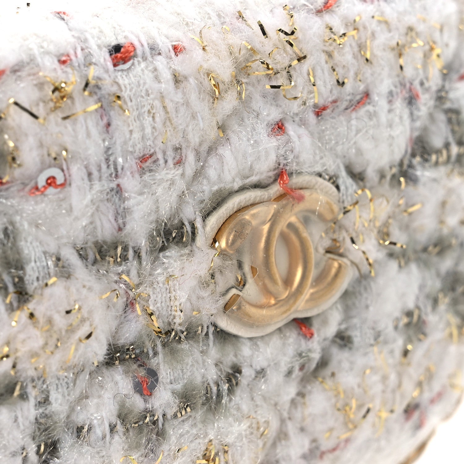 Chanel Wool Tweed Quilted Chain Around Mini Pouch Ecru Khaki Gold Red 11 of 12