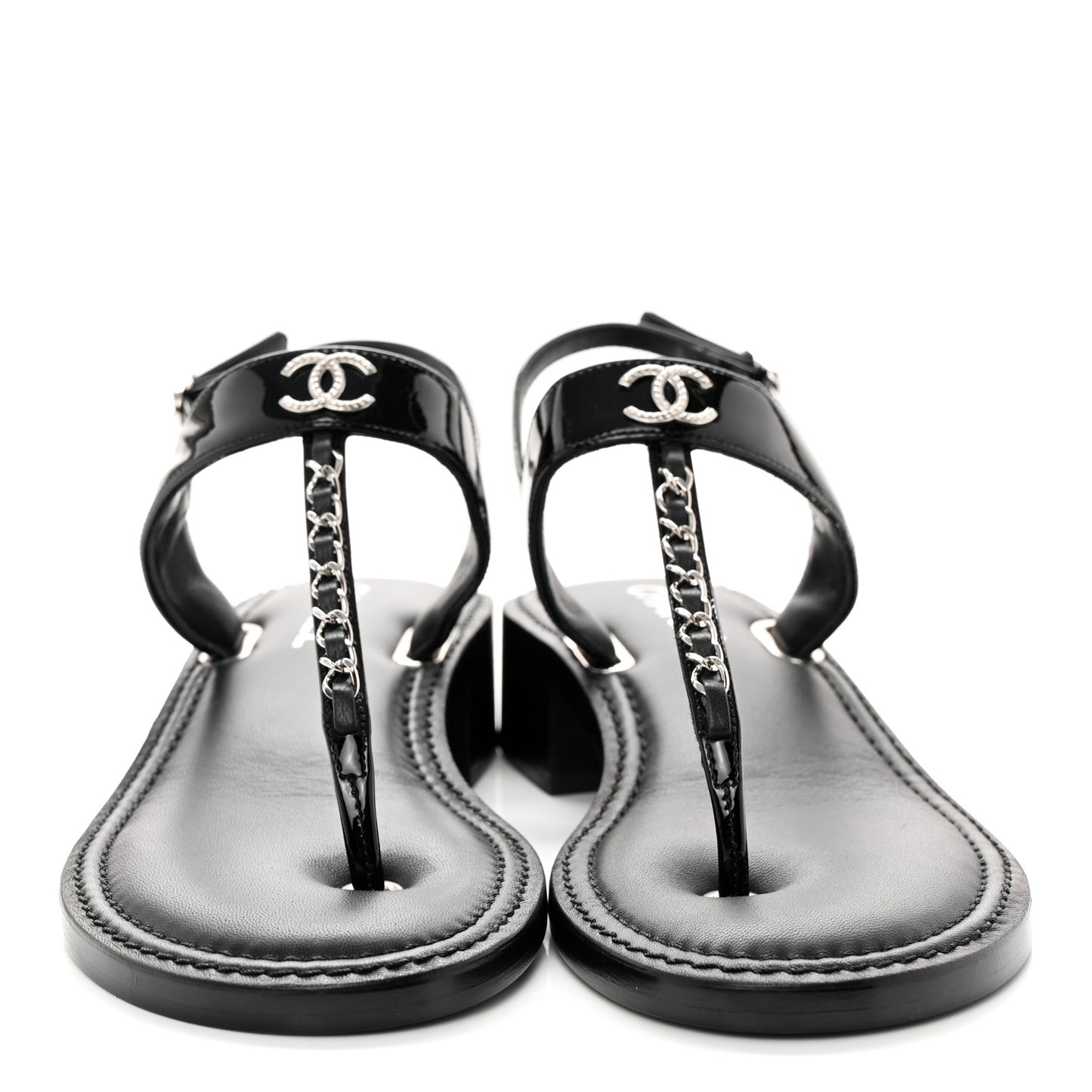 Lambskin Patent Chain CC Logo Thong Sandals 40 Black