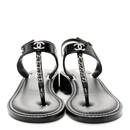 Chanel Lambskin Patent Chain CC Logo Thong Sandals 40 Black 2 of 8