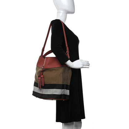 Burberry Grainy Calfskin Canvas Mega Check Medium Ashby Tassel Hobo Pink Azalea 2 of 11