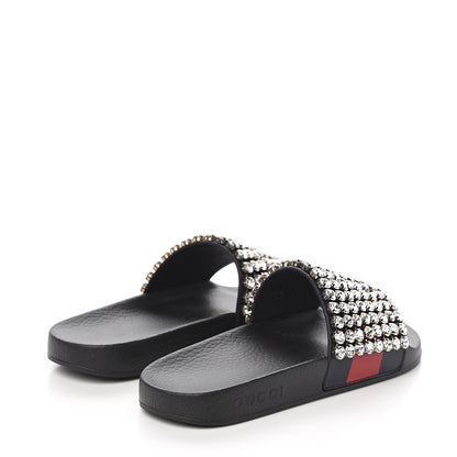 Gucci Calfskin Crystal Embellished Web Slide Sandals 37 Blue Red 4 of 7