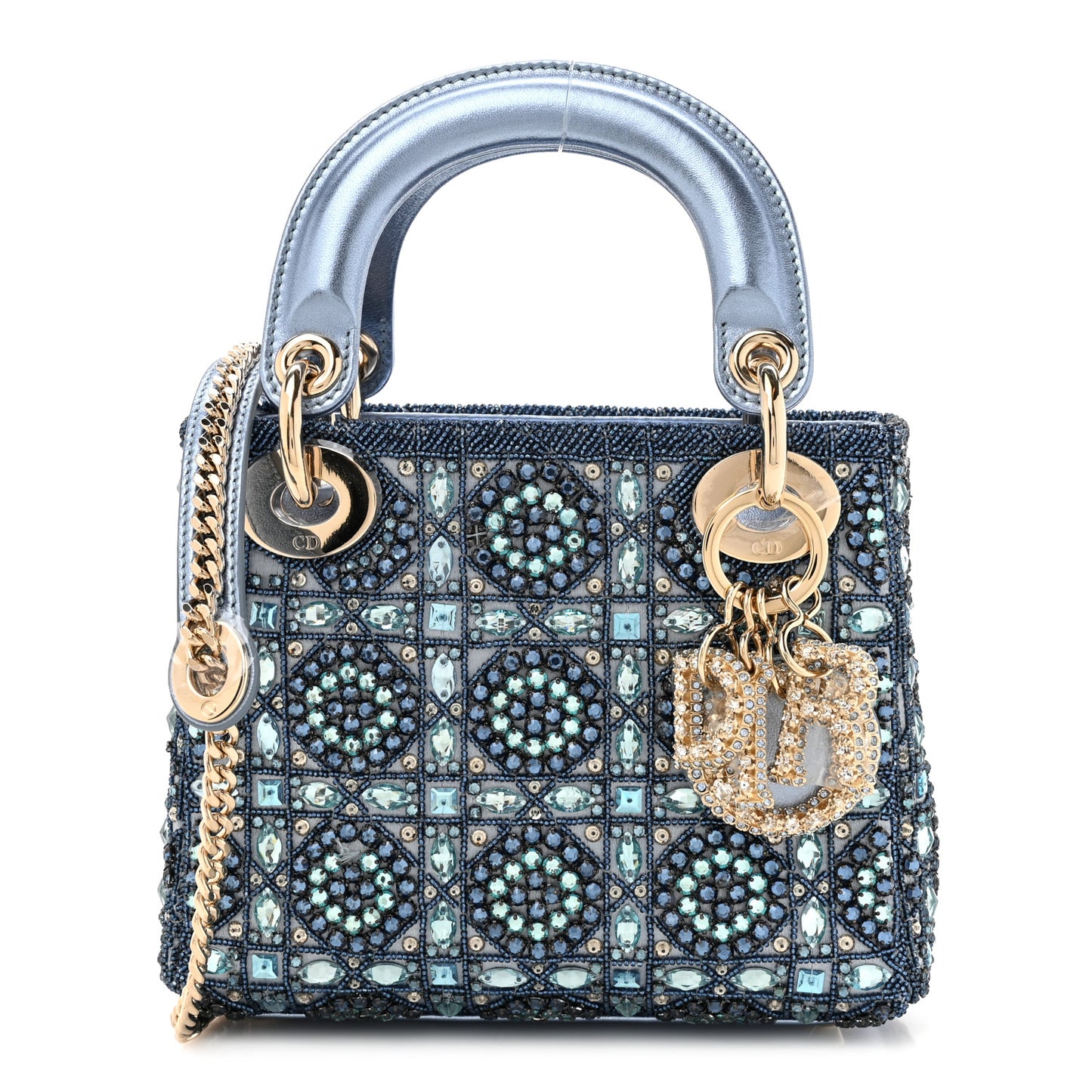 Metallic Calfskin Satin Celestial Bead Embroidery Cannage Mini Lady Dior Blue