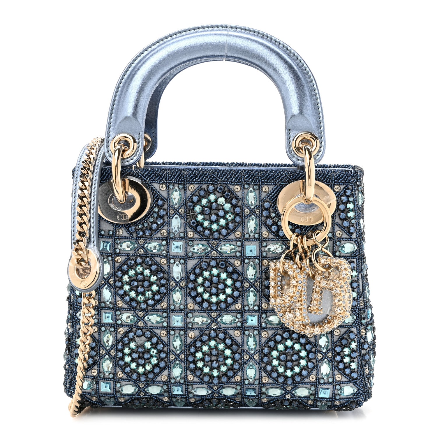 Christian Dior Metallic Calfskin Satin Celestial Bead Embroidery Cannage Mini Lady Dior Blue 1 of 10