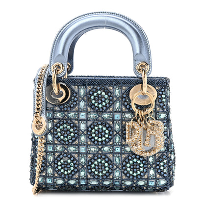 Christian Dior Metallic Calfskin Satin Celestial Bead Embroidery Cannage Mini Lady Dior Blue 1 of 10