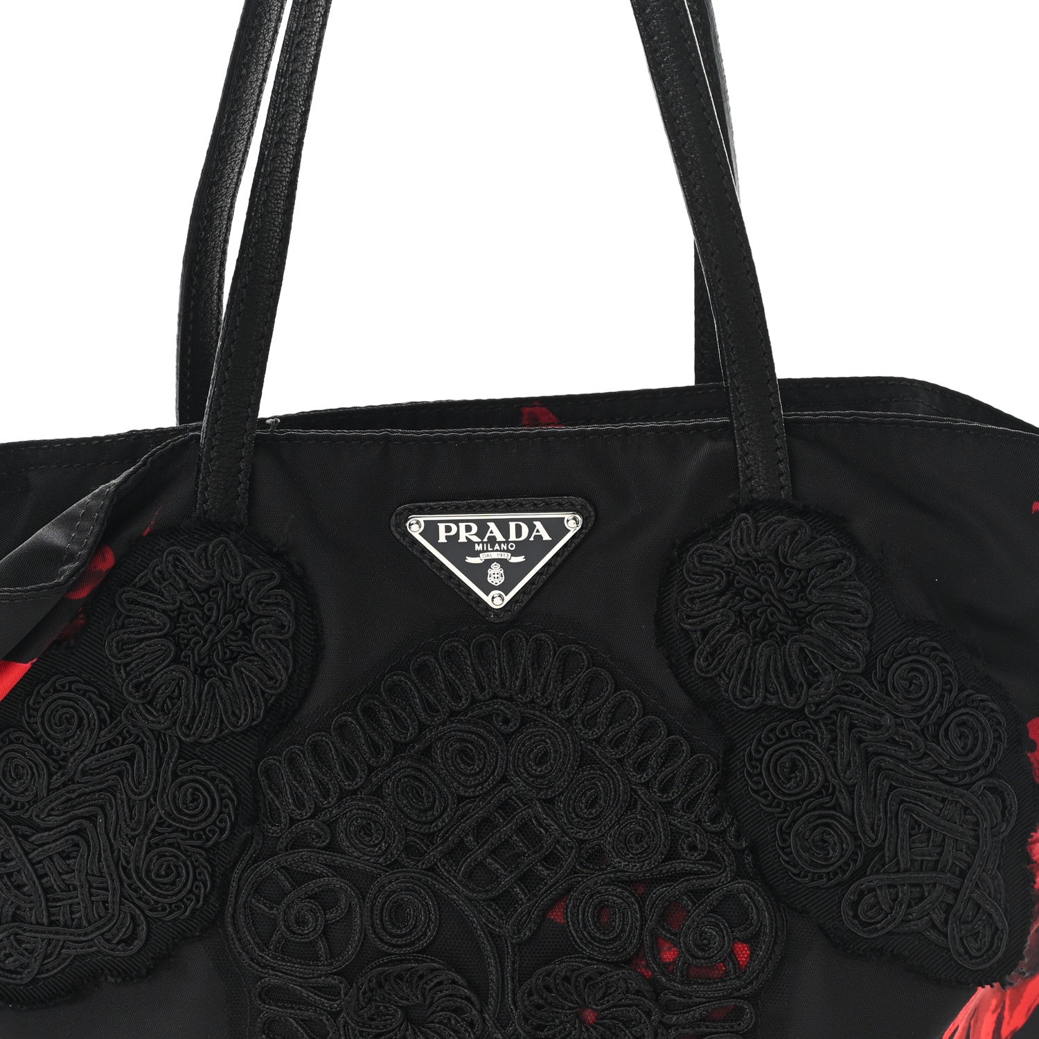 Prada Tessuto Nylon Passama Embroidered Rose Print Tote Black 7 of 10