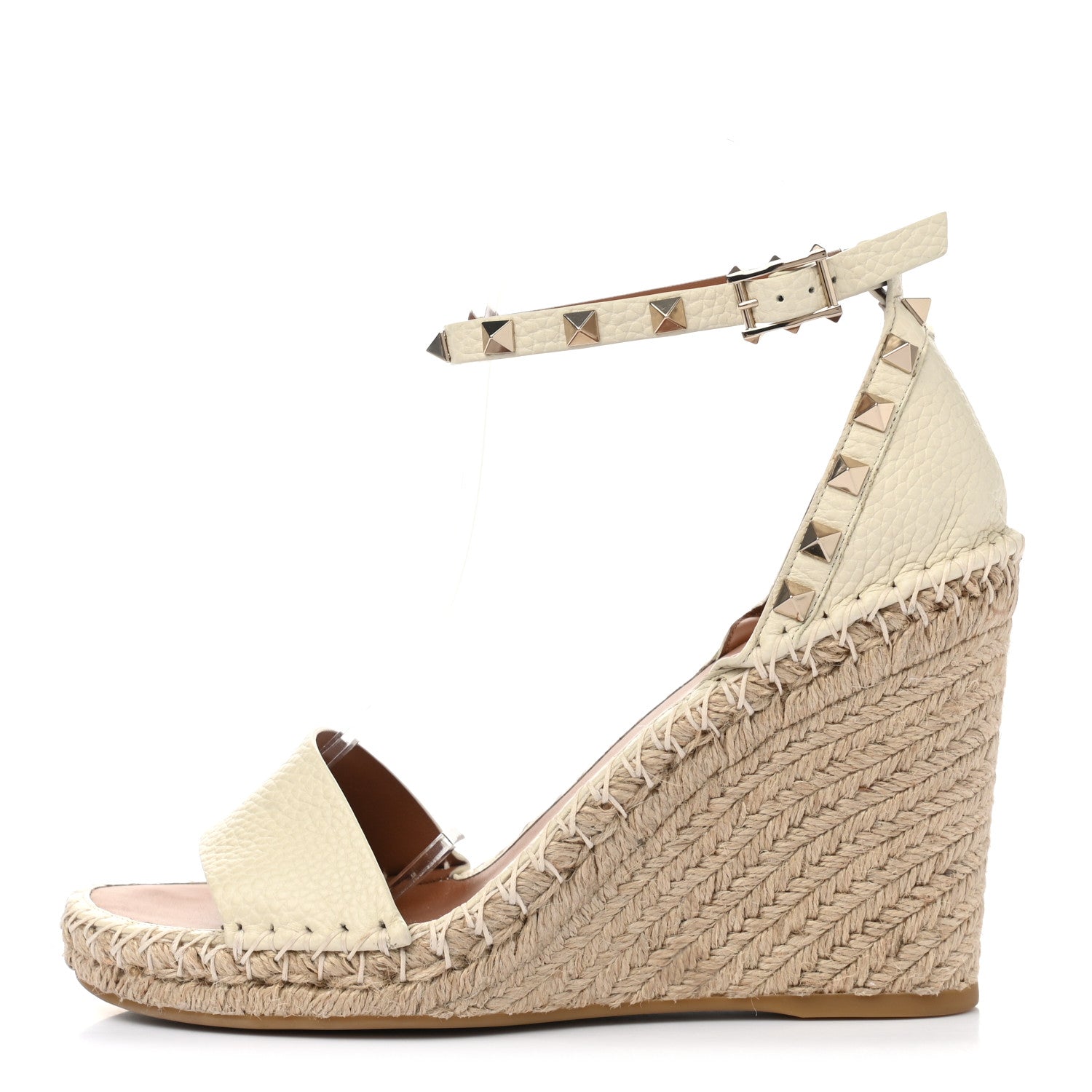 Valentino Garavani Grained Calfskin Rockstud Ankle Strap Espadrille 15/105mm Wedge Sandals 39 Light Ivory Natural 1 of 8