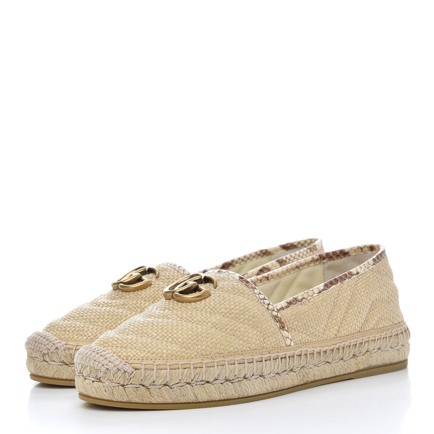 Straw Elaphe Matelasse GG Marmont Espadrilles 38 Natural Cream Brown