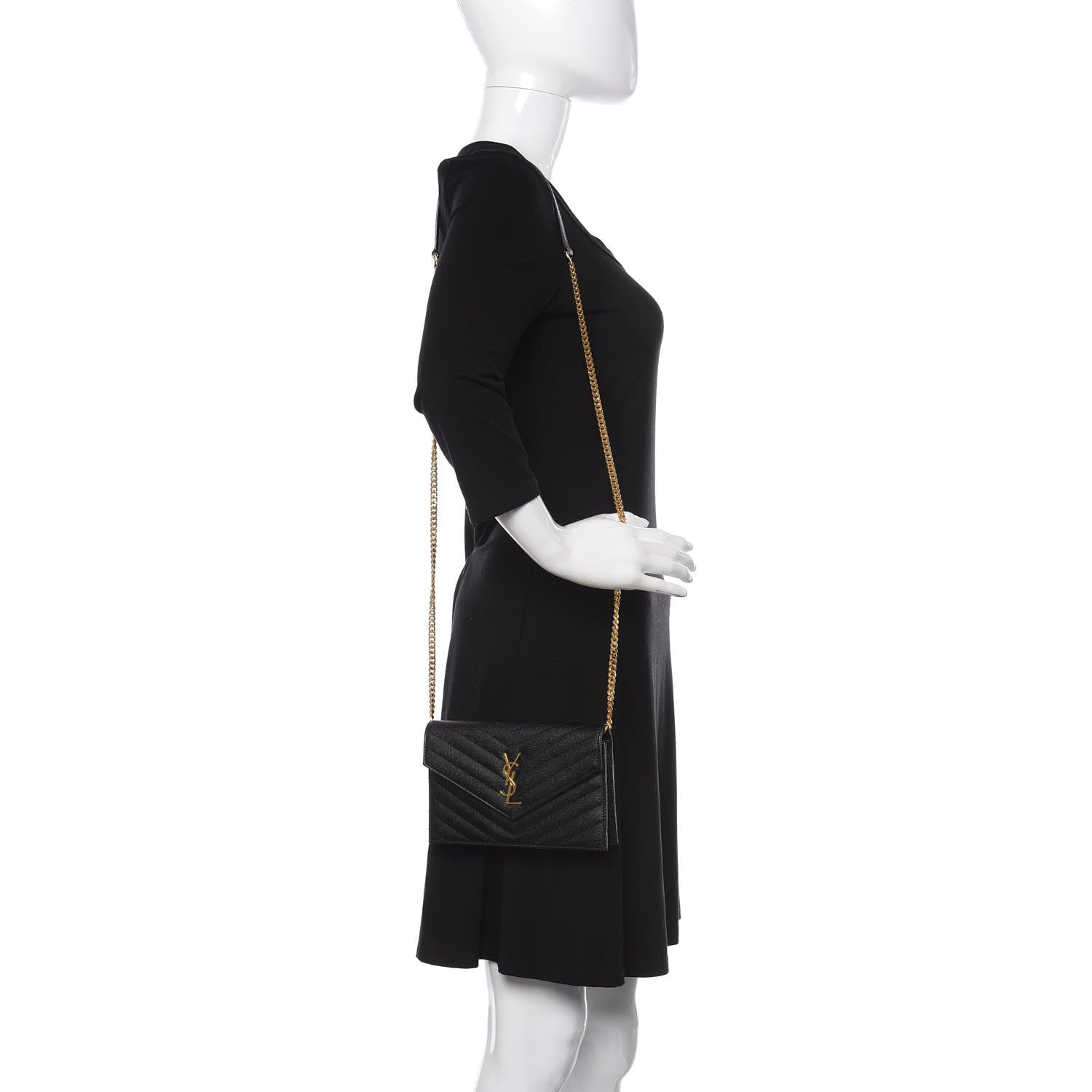 Saint Laurent Grain De Poudre Matelasse Chevron Monogram Envelope Chain Wallet Black 2 of 9