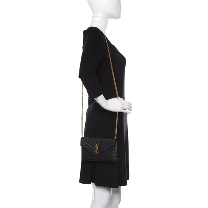 Saint Laurent Grain De Poudre Matelasse Chevron Monogram Envelope Chain Wallet Black 2 of 9