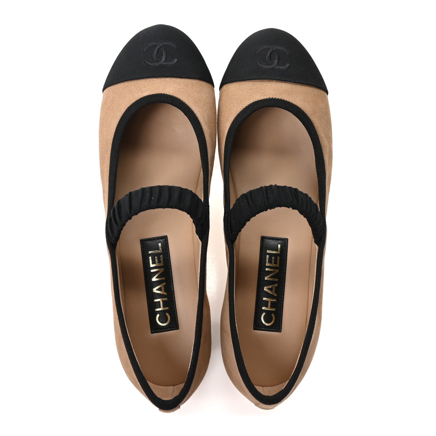 Chanel Suede Kidskin Grosgrain Mary Jane Flats 38 Beige Black 2 of 10