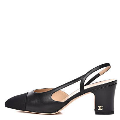 Chanel Goatskin Grosgrain Cap Toe CC Slingback Sandals 36.5 Black 1 of 9