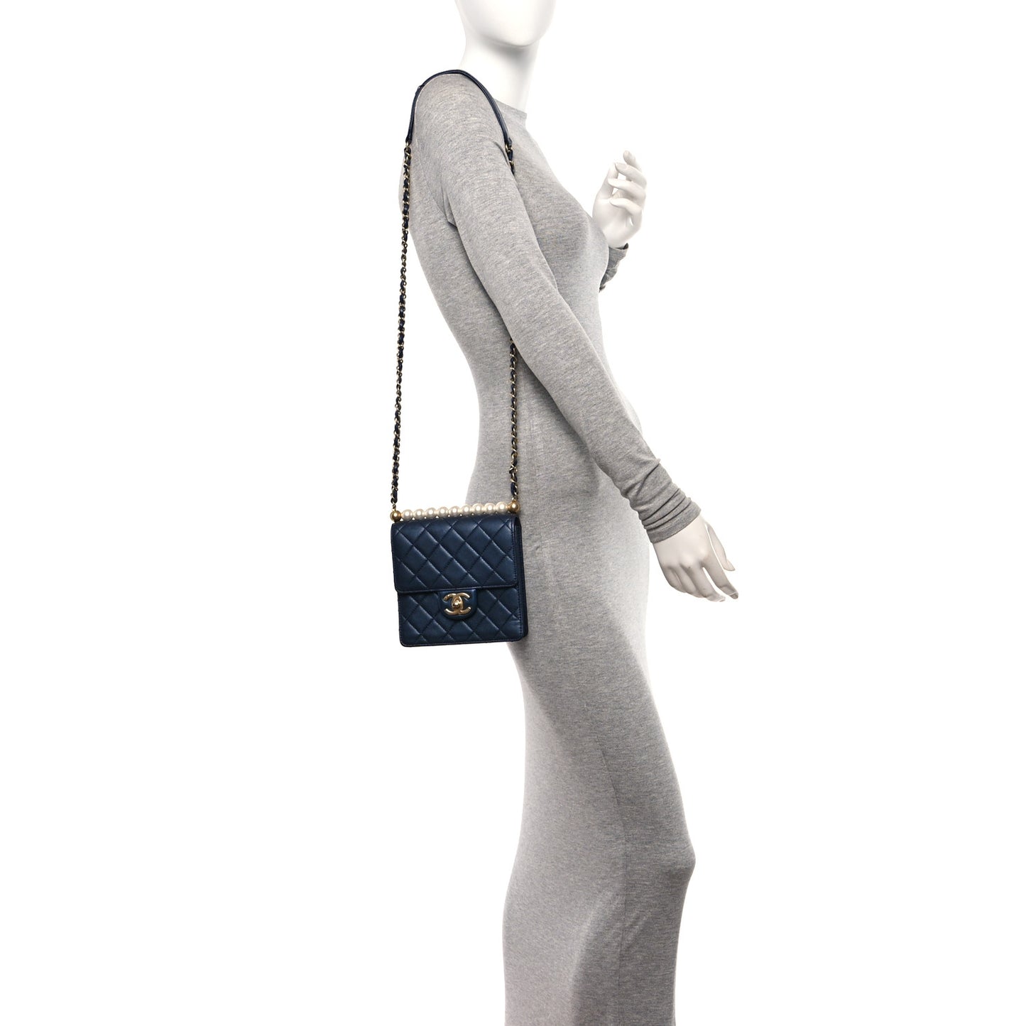 Iridescent Lambskin Quilted Chic Pearls Flap Navy Blue