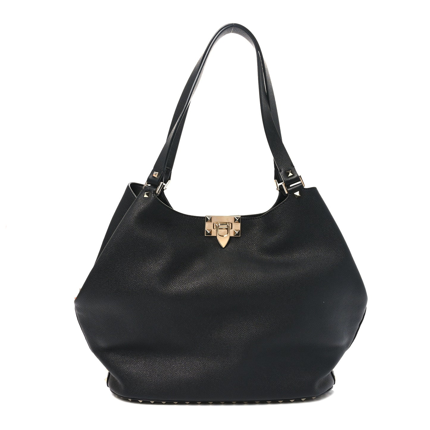 Grained Calfskin Small Rockstud Tote Black