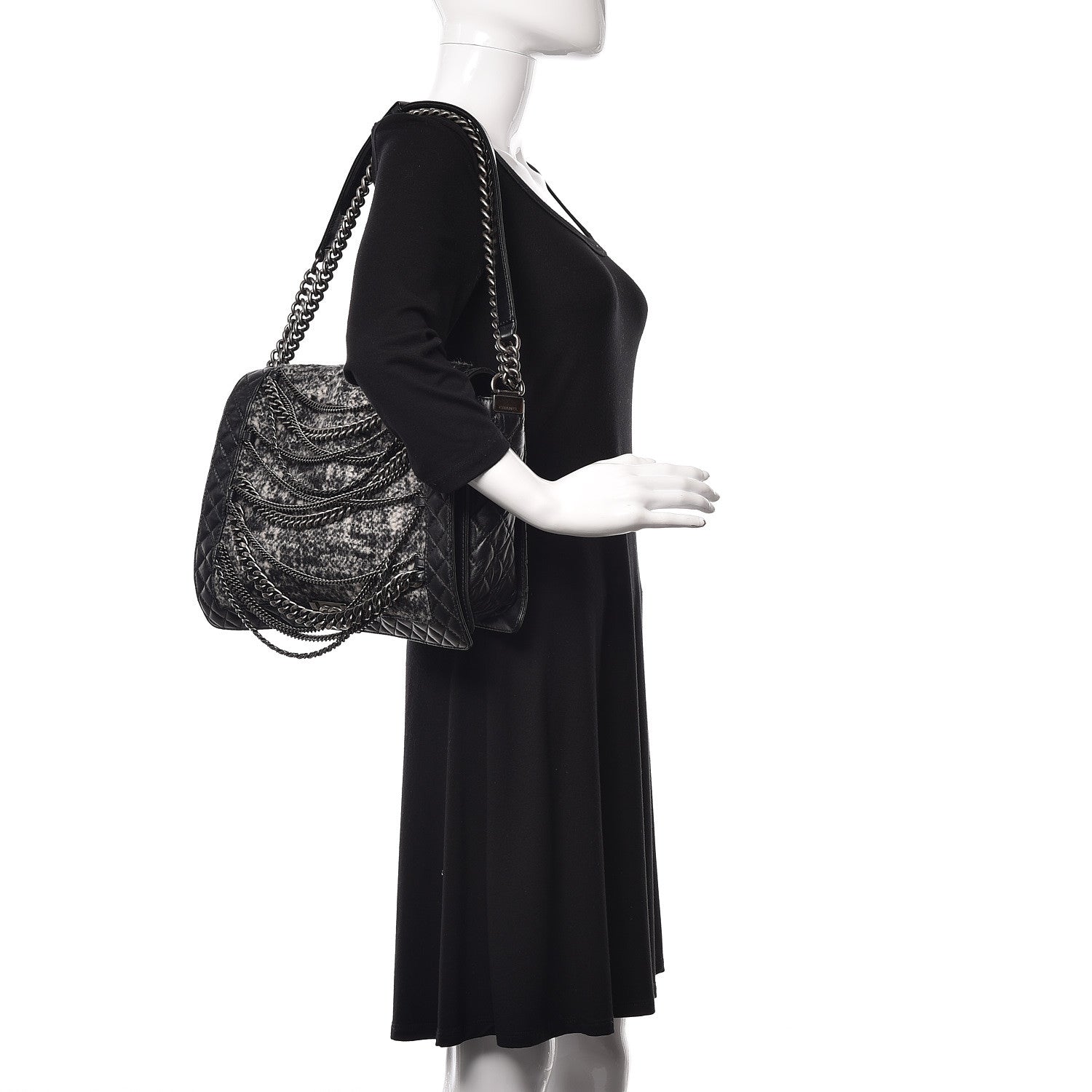 Chanel Calfskin Tweed Enchained XL Boy Flap Black 2 of 10