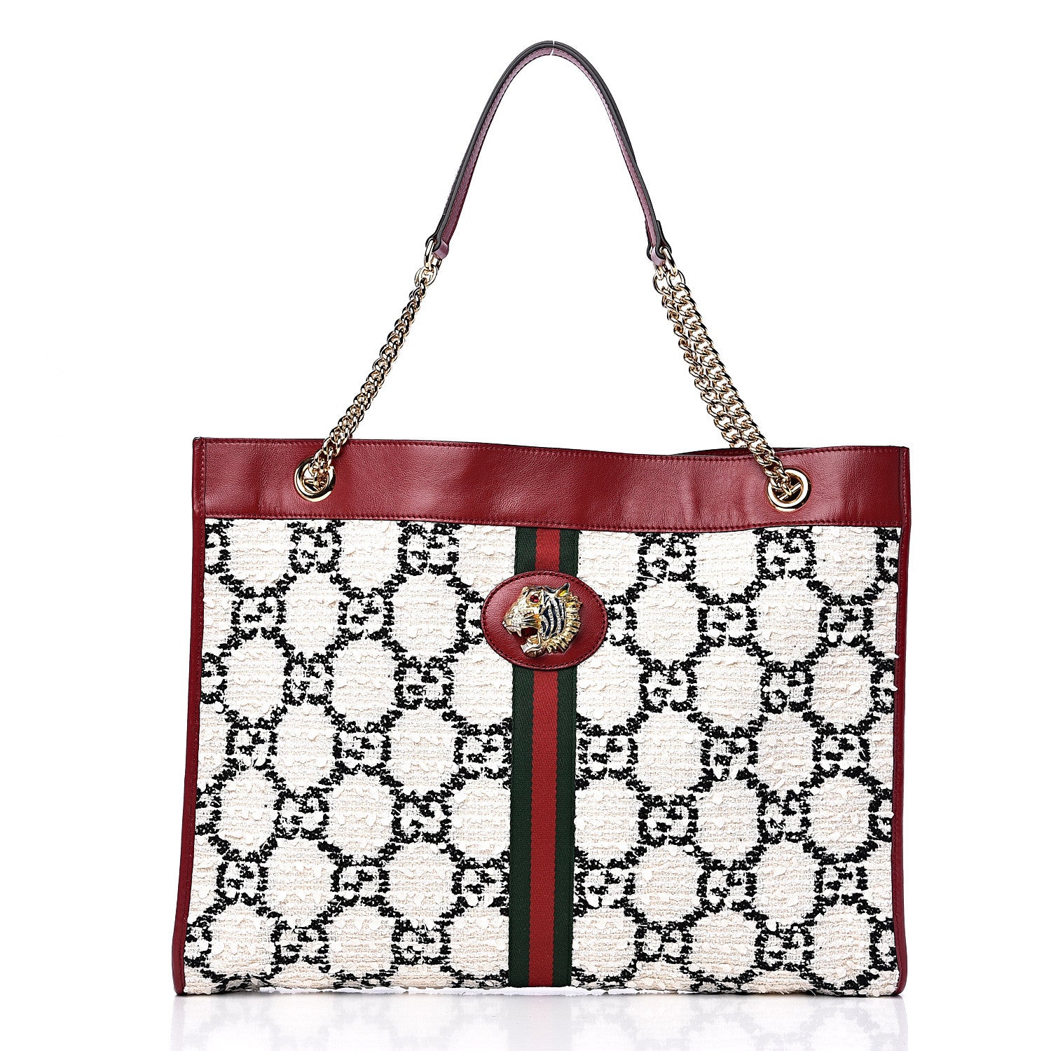 Gucci Tweed GG Monogram Large Rajah Chain Tote White Black Romantic Cherry 2 of 9