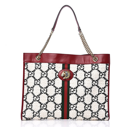 Gucci Tweed GG Monogram Large Rajah Chain Tote White Black Romantic Cherry 2 of 9