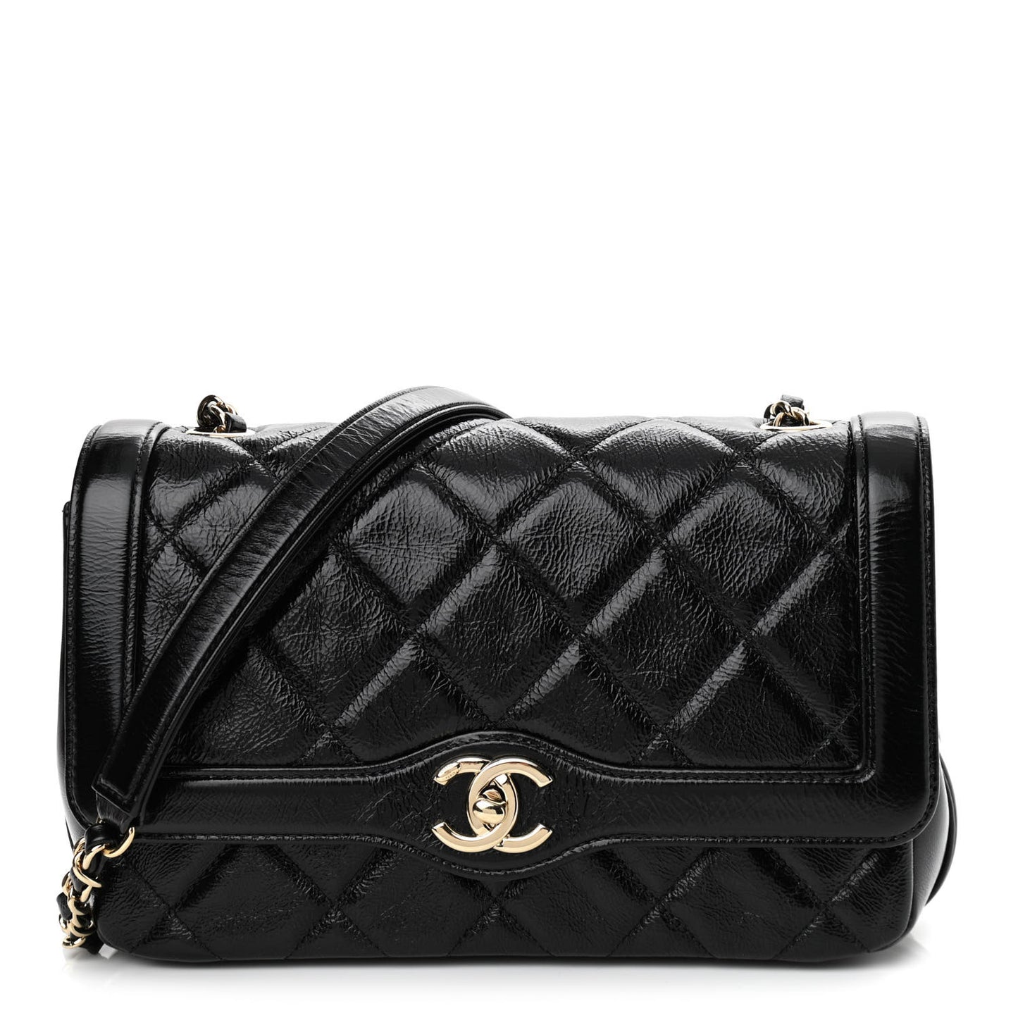 Crumpled Glazed Lambskin Quilted Small Flap Black