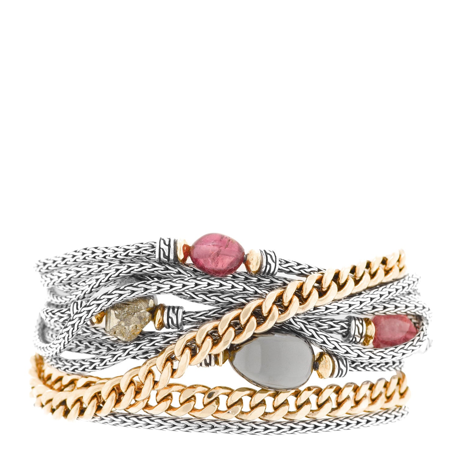John Hardy X Adwoa Aboah 18K Yellow Gold Sterling Silver Tourmaline Hematite Pyrite Multi Row Bracelet 1 of 4