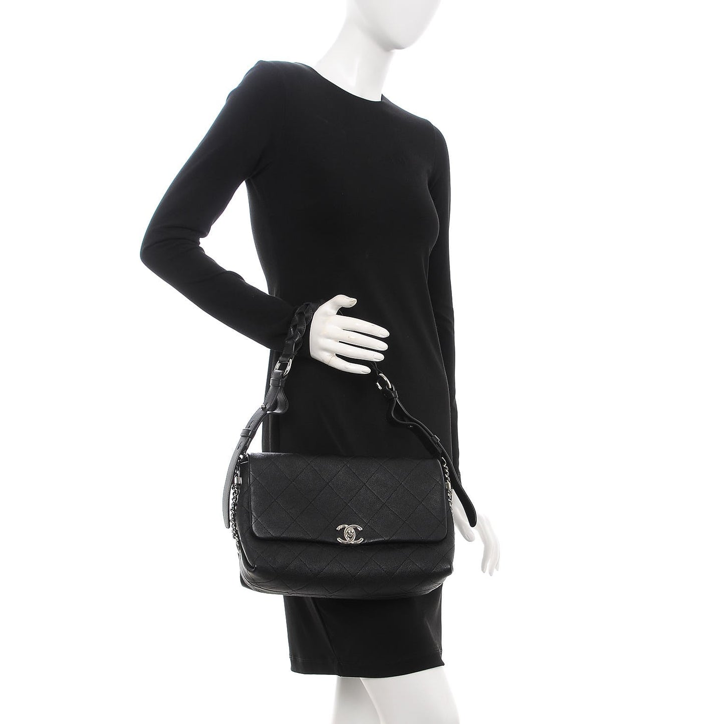 Grained Calfskin Stitched Small Braided With Style Flap Black