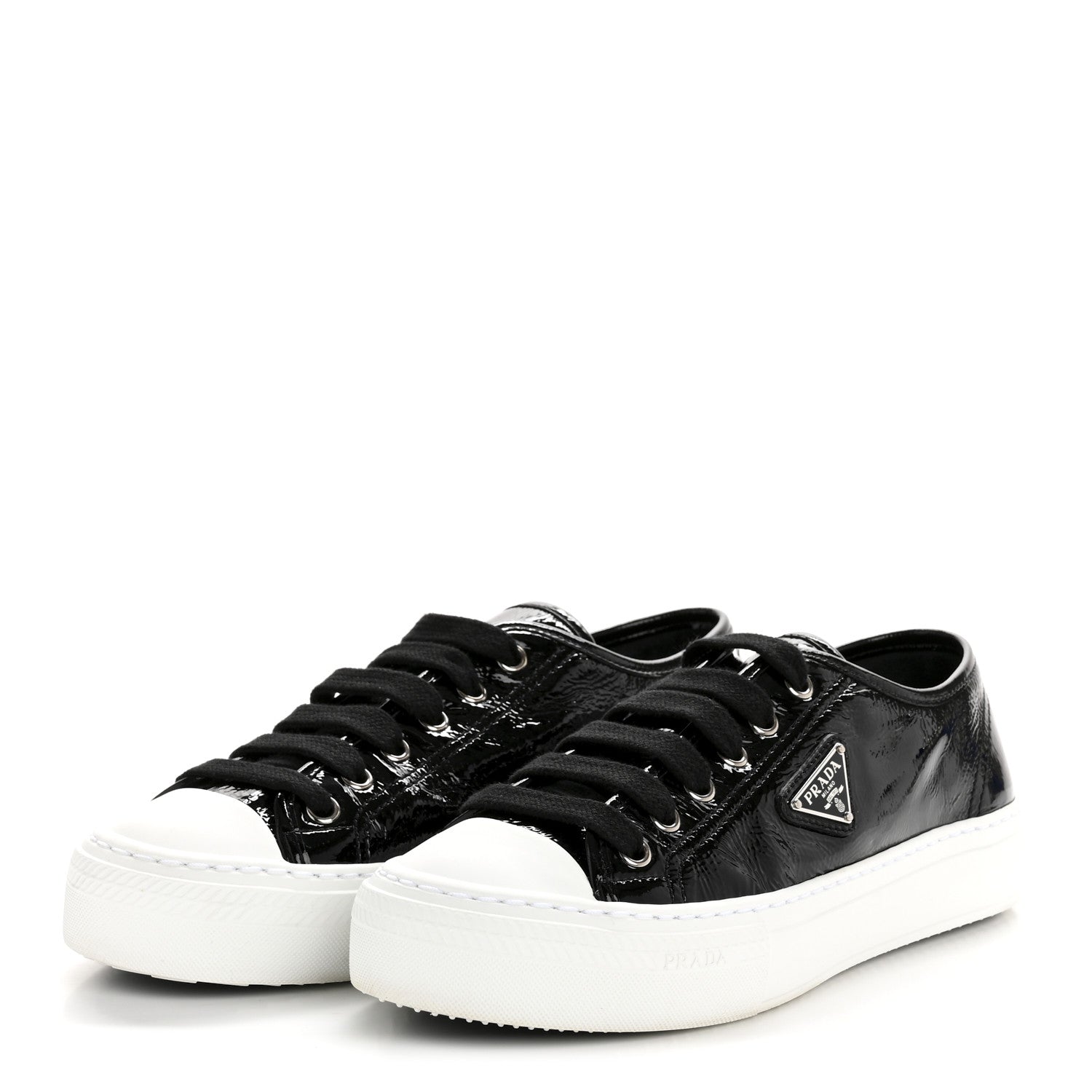 Prada Patent Naplak Triangle Logo Womens Low Top Sneakers 38 Black White 4 of 9