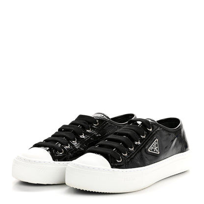 Prada Patent Naplak Triangle Logo Womens Low Top Sneakers 38 Black White 4 of 9