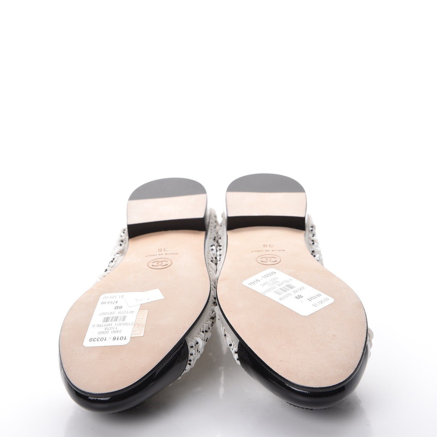 Patent Calfskin Sequin Embroidered Cap Toe Ballerina Flats 36 White Black