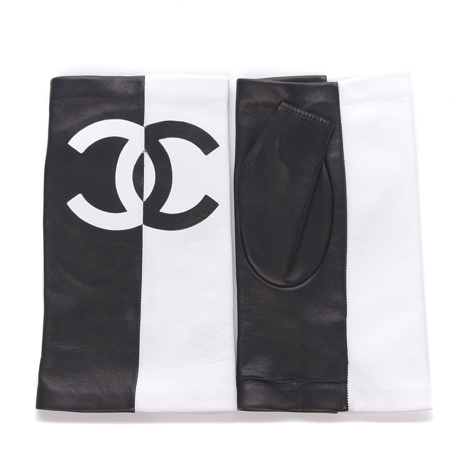 Chanel Lambskin CC Fingerless Gloves 7.5 Black White 1 of 6
