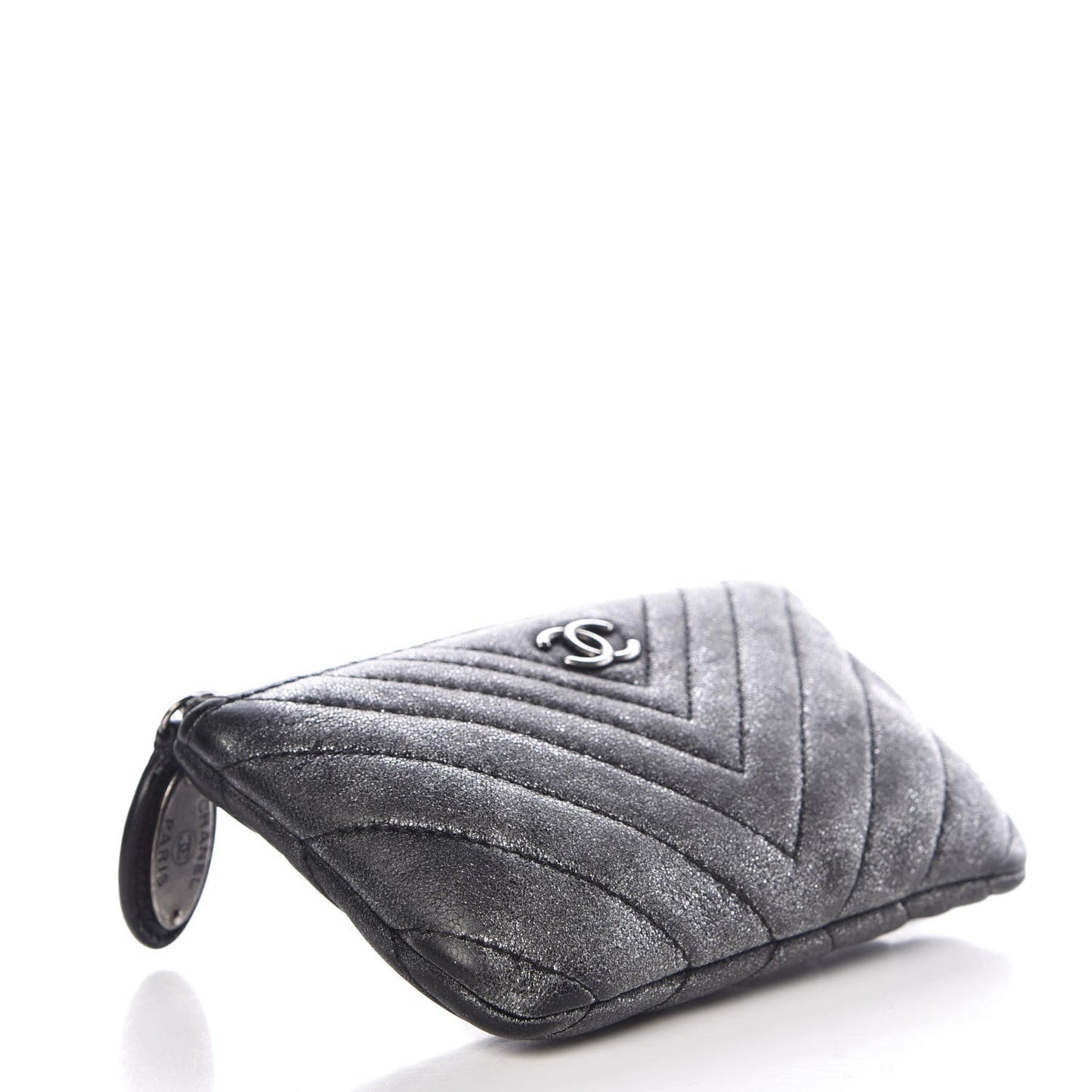 Iridescent Calfskin Chevron Quilted Small Cosmetic Case Grey