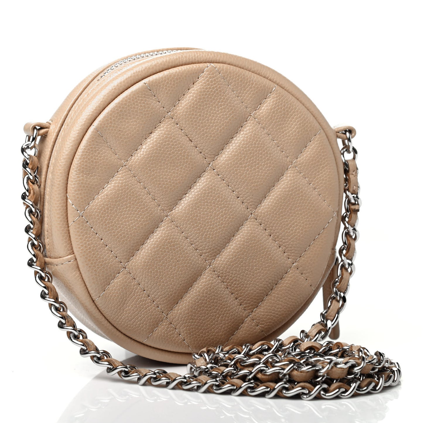 Caviar Quilted Round Clutch With Chain Beige