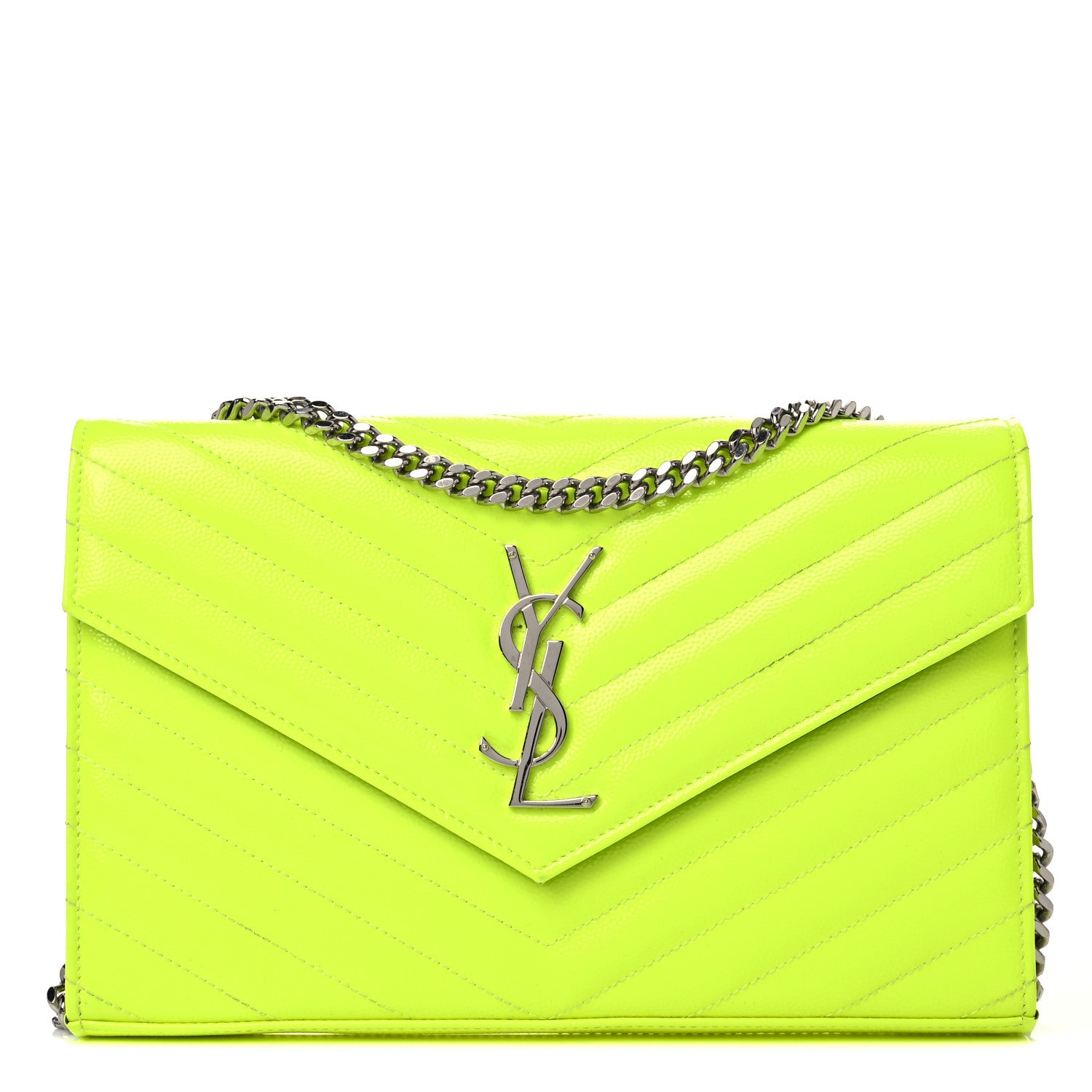 Saint Laurent Patent Grain De Poudre Matelasse Chevron Monogram Chain Wallet Neon Yellow 1 of 15