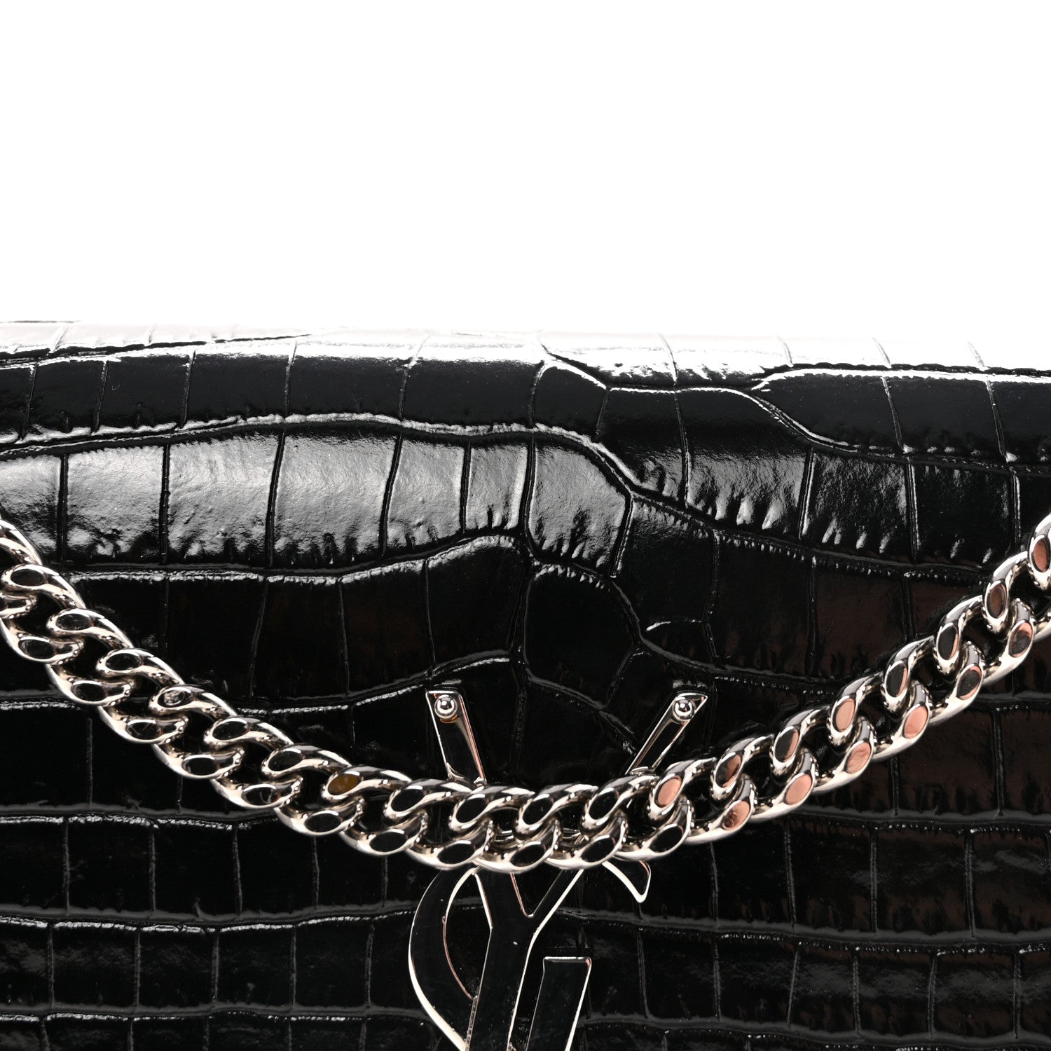Saint Laurent Calfskin Crocodile Embossed Small Classic Monogram Kate Tassel Satchel Black 7 of 9