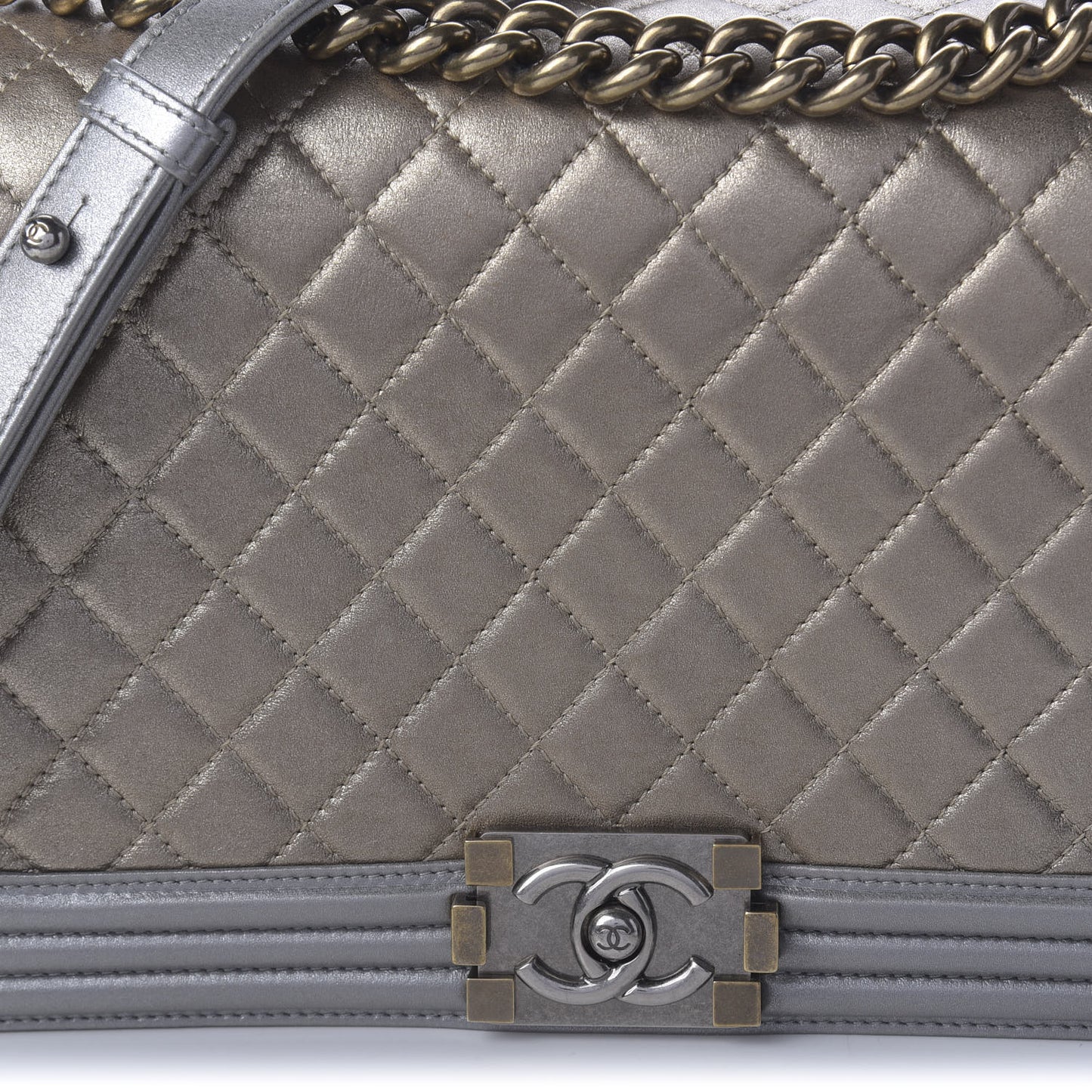 Metallic Calfskin Quilted New Medium Boy Flap Khaki