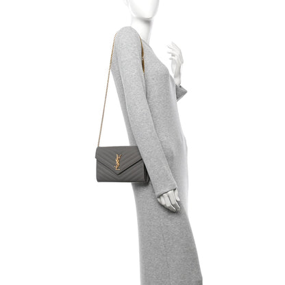Saint Laurent Grain De Poudre Matelasse Chevron Monogram Chain Wallet Fog 2 of 10