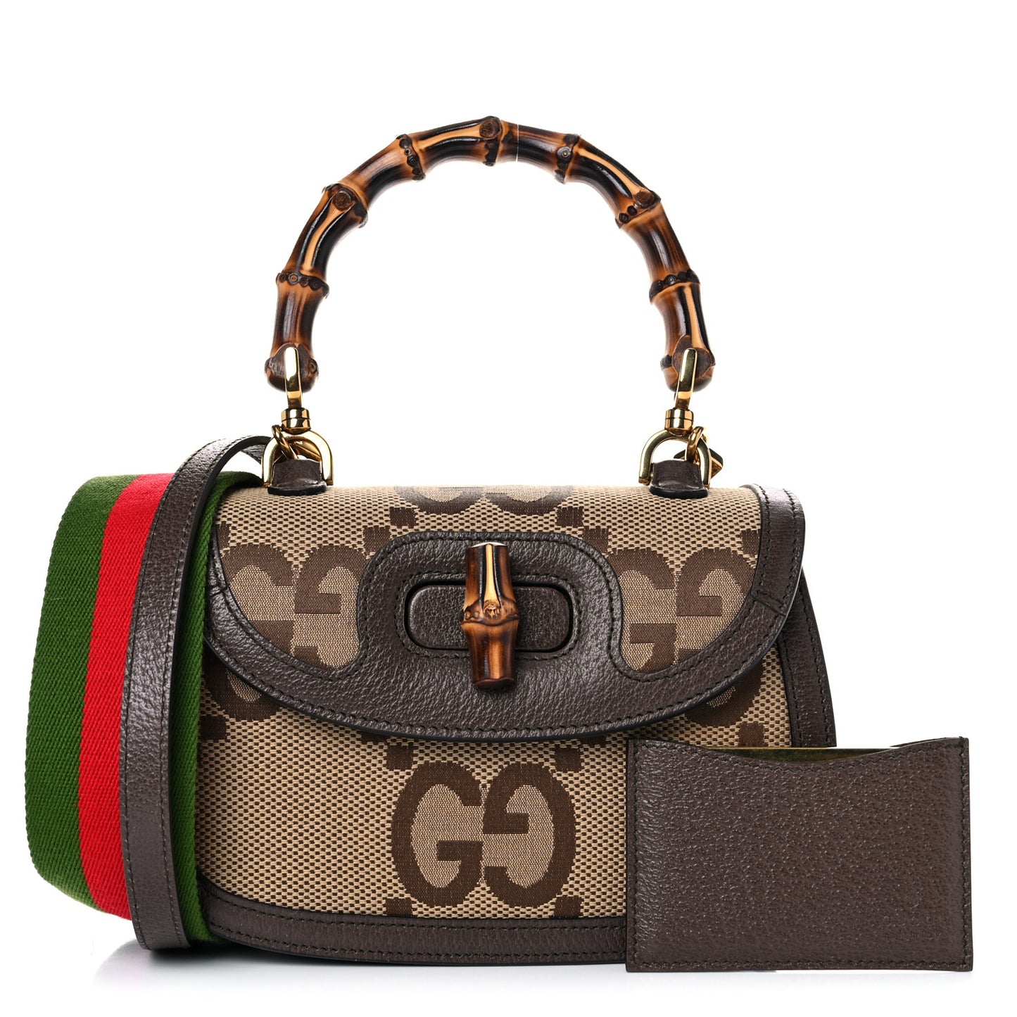 Monogram Jumbo GG Textured Dollar Calfskin Web Small Bamboo 1947 Top Handle Bag Camel Ebony New Acero