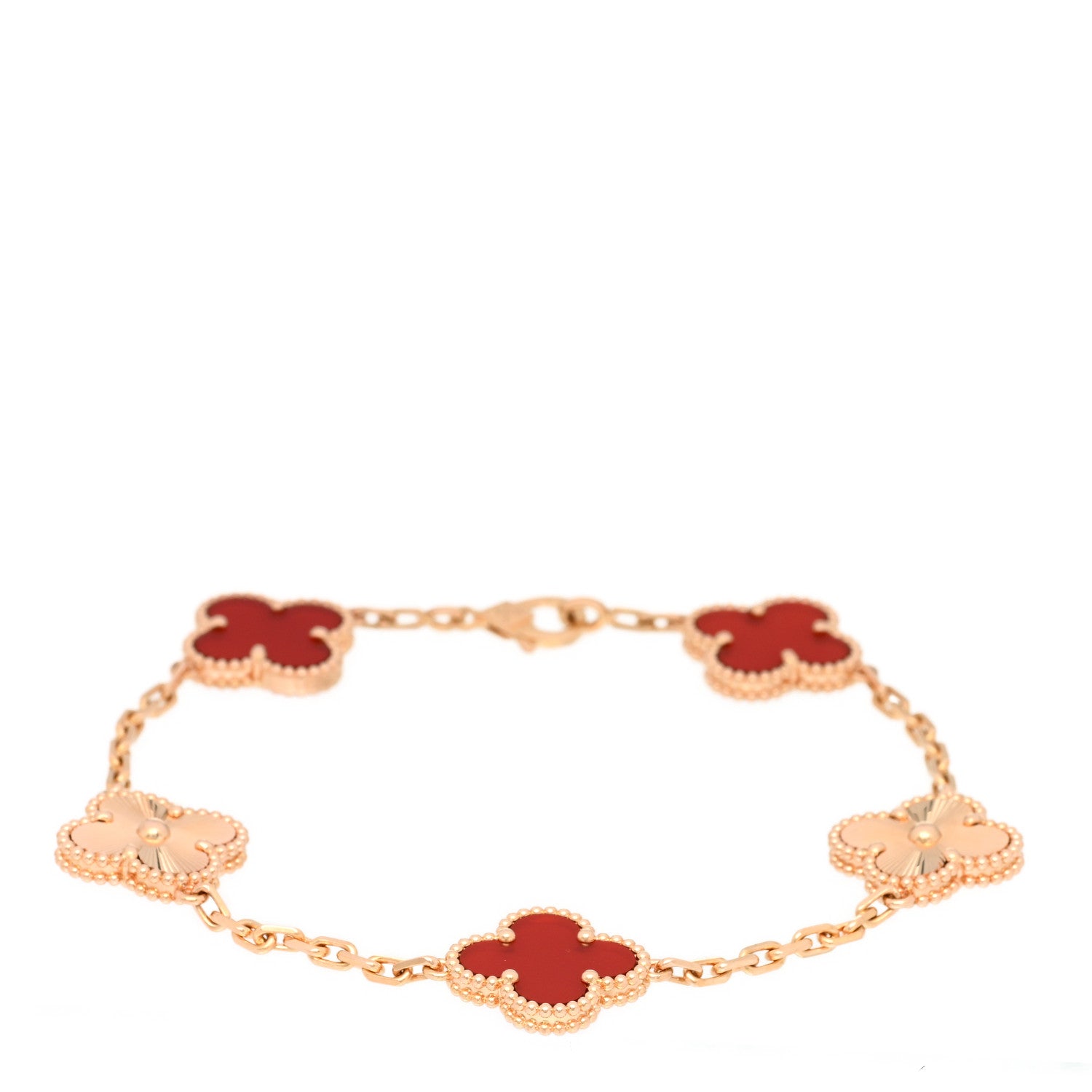 Van Cleef & Arpels 18K Rose Gold Carnelian 5 Motifs Guilloche Vintage Alhambra Bracelet 1 of 4