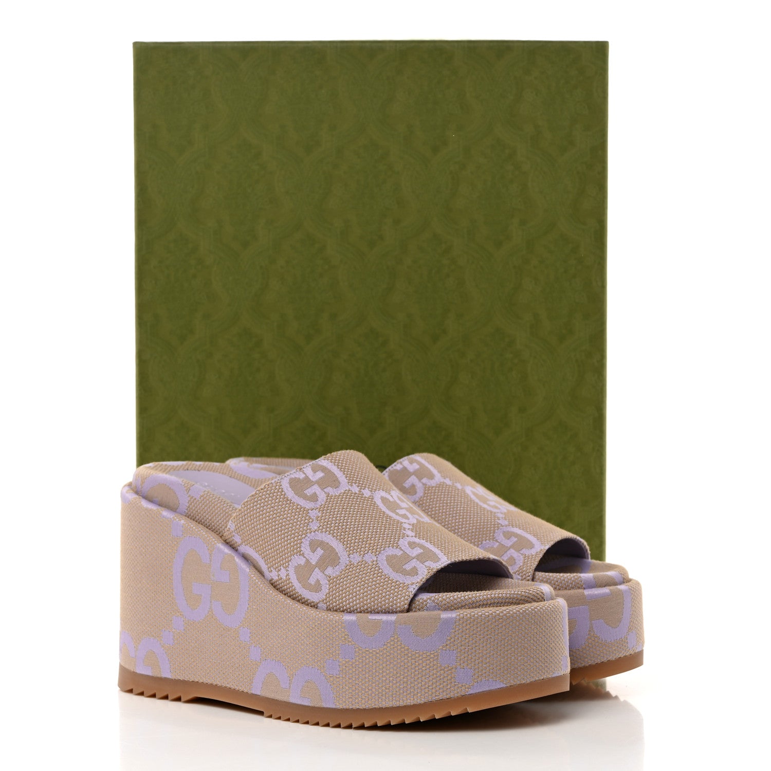 Gucci Monogram Jumbo GG Platform Slide Wedge Sandals 38 Beige Lapis 9 of 9