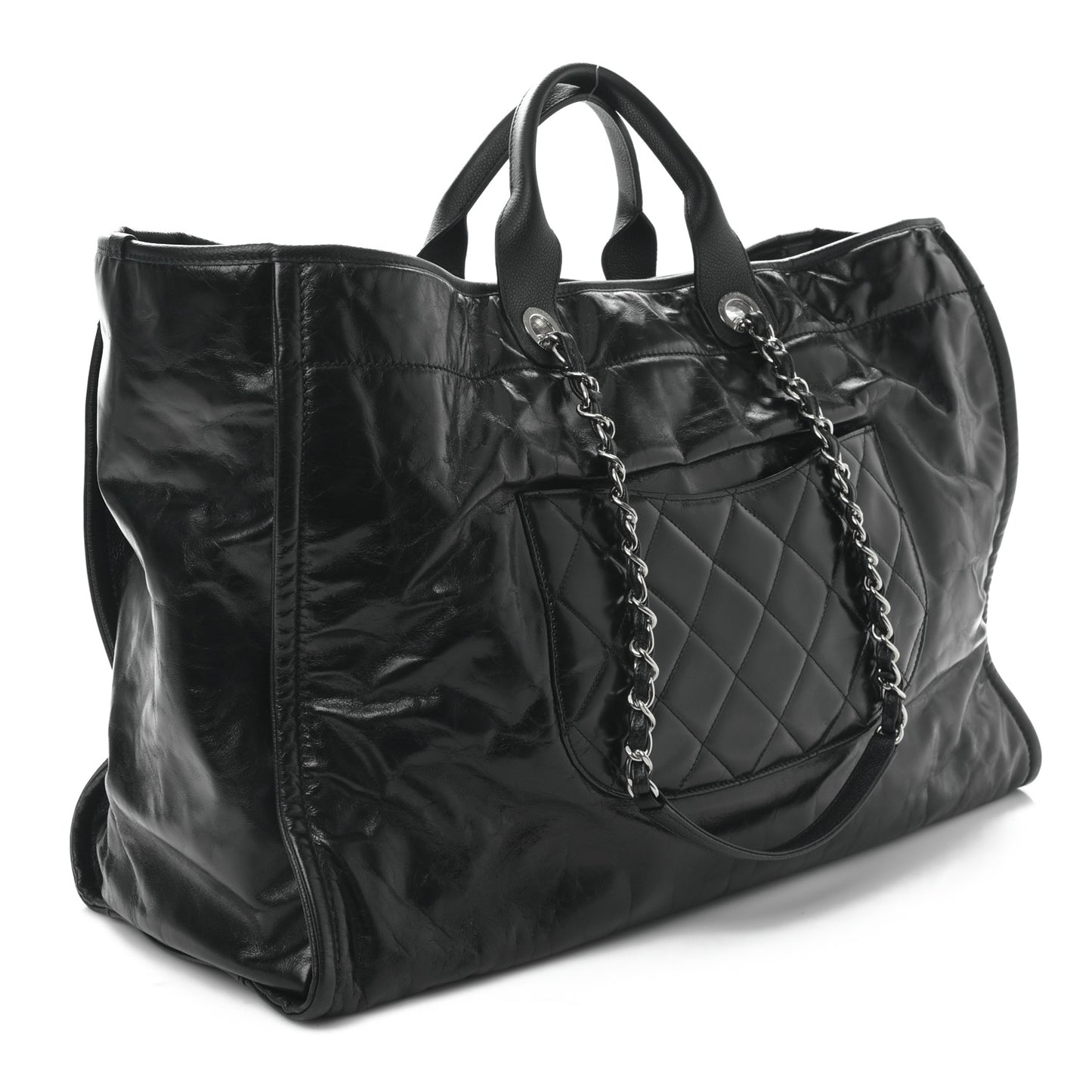 Glazed Calfskin Large Deauville Tote Black