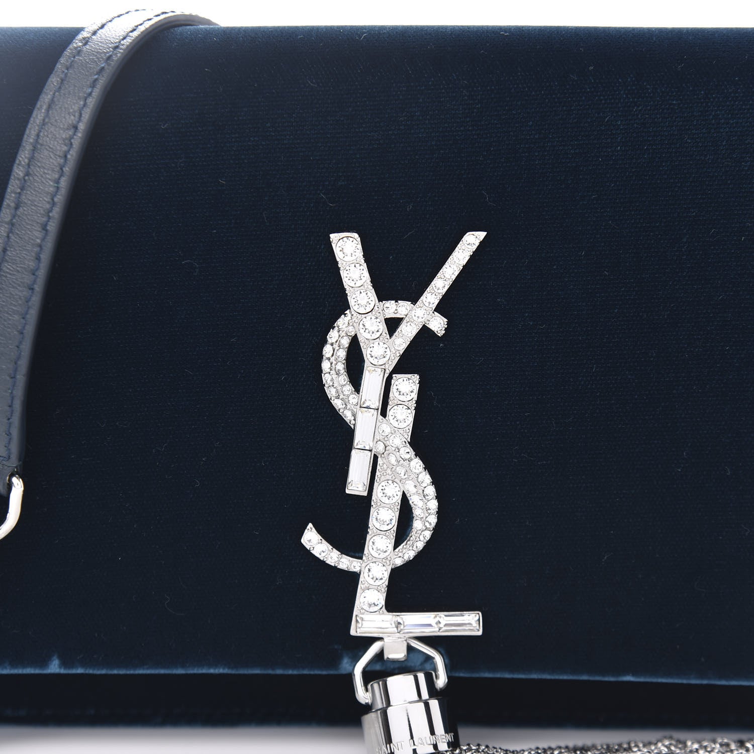 Saint Laurent Velvet Crystal Monogram Kate Tassel Chain Wallet Blue 9 of 9