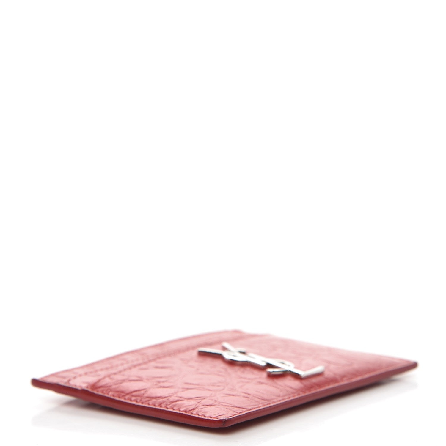Saint Laurent Calfskin Crocodile Embossed Monogram Credit Card Case Red 4 of 8