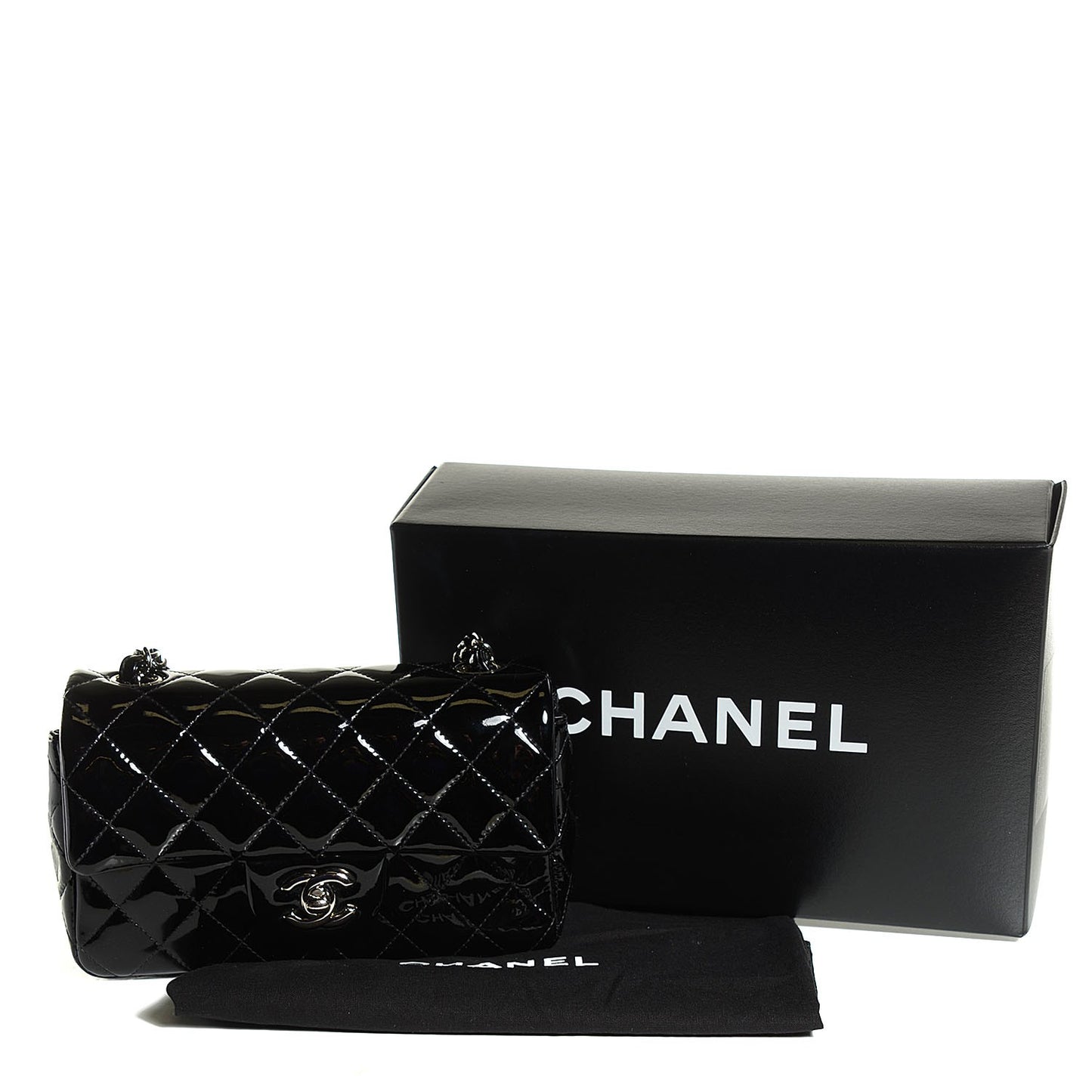 Patent Calfskin Quilted Mini Rectangular Flap Black