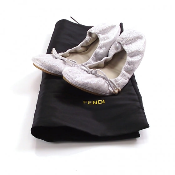 Fendi Calfskin Ballet Bow Flats Silver 39 5 of 7