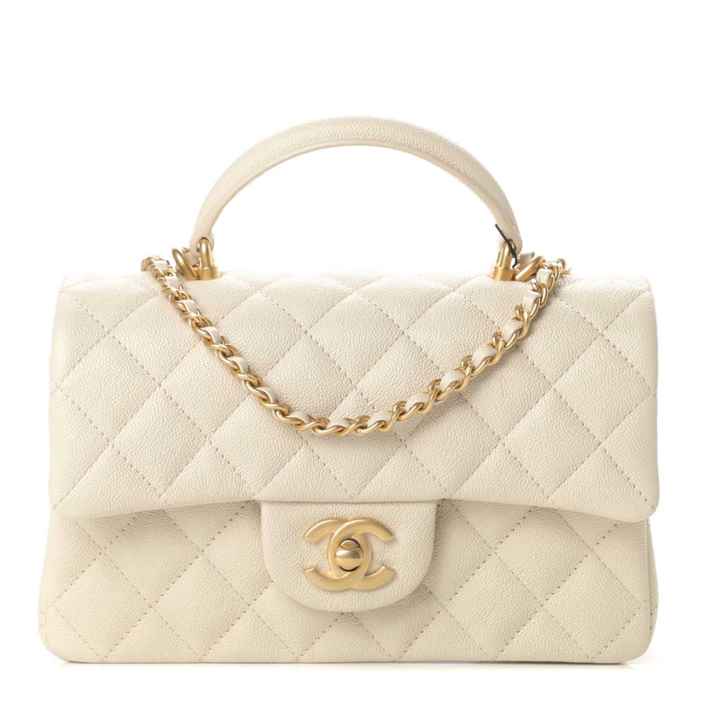 Caviar Quilted Mini Top Handle Rectangular Flap Beige