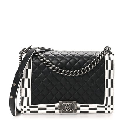 Chanel Calfskin Quilted Checkerboard Trim New Medium Boy Flap Black White 1 of 11