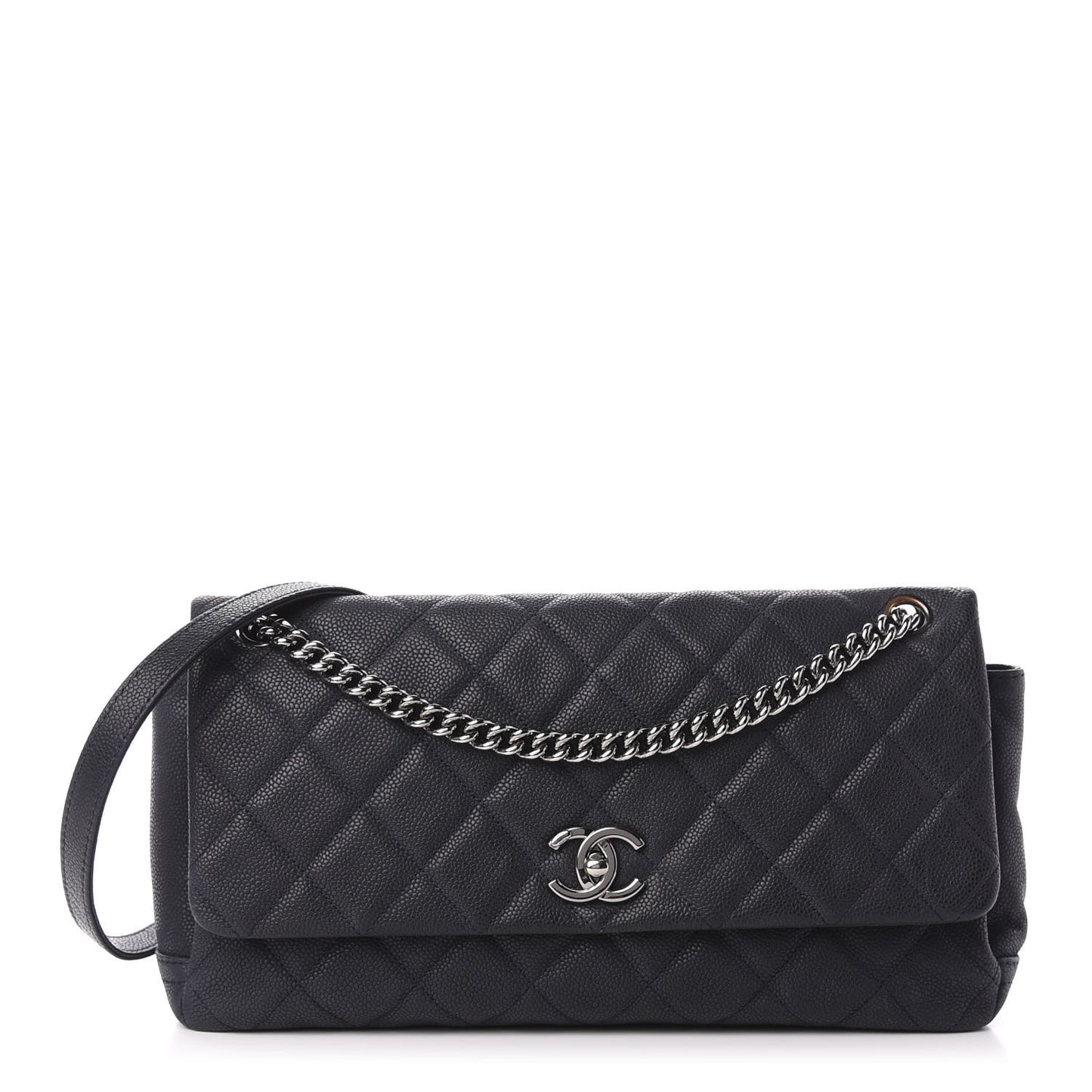 Iridescent Caviar Quilted Medium Lady Pearly Flap Navy Blue