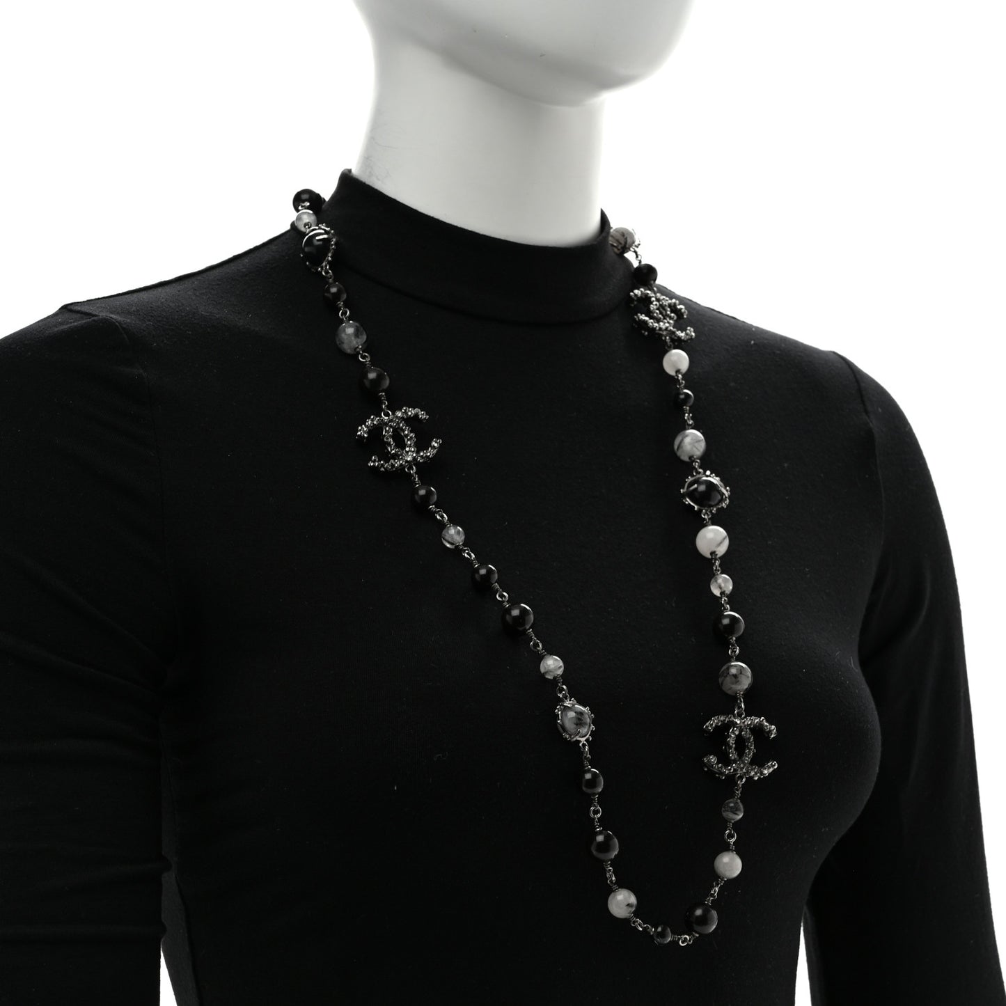 Crystal Bead CC Long Necklace Silver Black