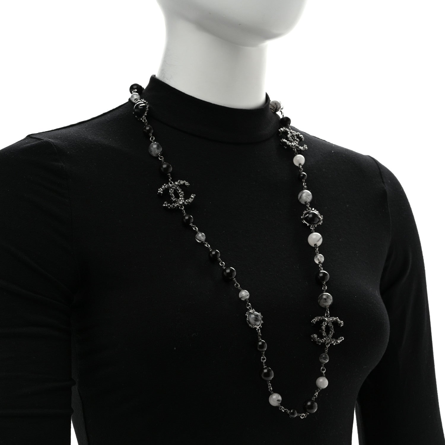 Chanel Crystal Bead CC Long Necklace Silver Black 2 of 6